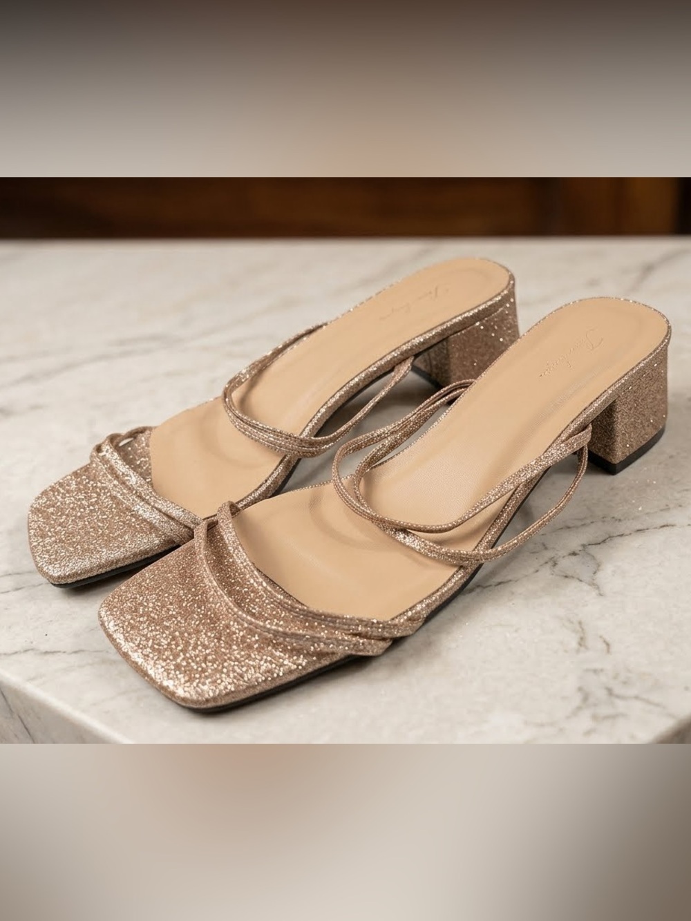 Sparkle Block Heel Mules in Rose Gold